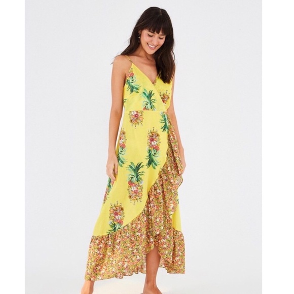 FARM Rio Dresses & Skirts - FARMRIO Golden Pineapple Floral Wrap Tassel Dress